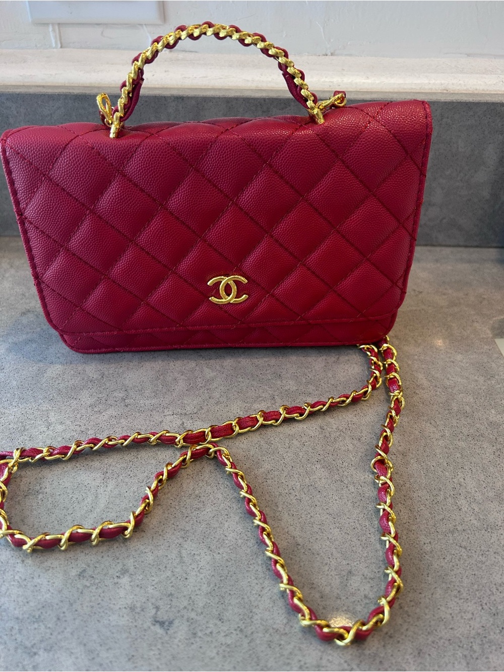 Luxury Quilted Red Top-Handle Crossbody with Gold Chain
